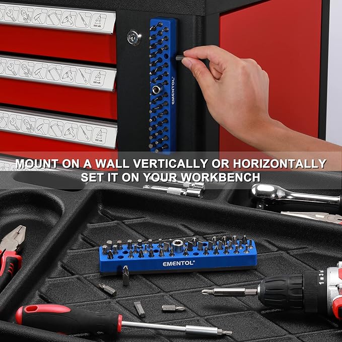 EMENTOL 1/4" Magnetic Bits Holder - Blue, 43PCS Hole, Bit Organizer with Strong Magnetic, Magnetic Bits Organizer