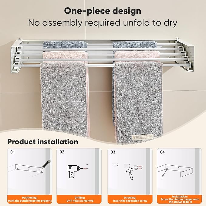 Clothes Drying Rack 20 inches Foldable Wall Mount Laundry Rack Folding Indoor Drying Rack Clothing Collapsible Hidden Space Saver with Wall Template 6 Rods White