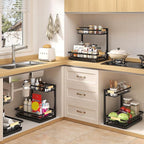 2 Packs Under Sink Organizer, High Adjustable 2 Tier Under Kitchen sink organizer, Multi-Purpose Storage Shelf for Kitchen Bathroom Cabinet (Black)