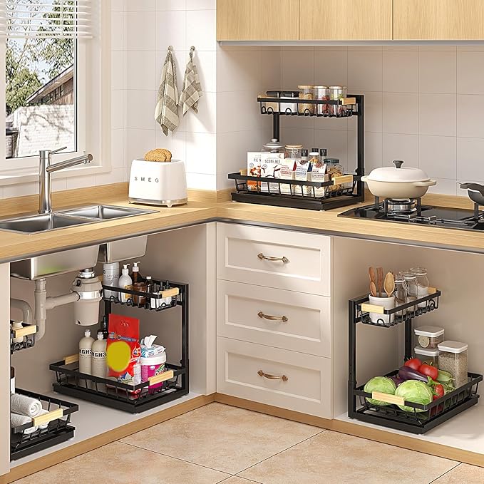 2 Packs Under Sink Organizer, High Adjustable 2 Tier Under Kitchen sink organizer, Multi-Purpose Storage Shelf for Kitchen Bathroom Cabinet (Black)