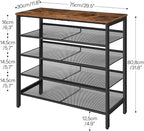HOOBRO Shoe Rack for Entryway, 5-Tier Shoe Organizer with Adjustable Mesh Shelves, 16-20 Pairs of Shoes, Spacious Floor Mount, Metal, Industrial, Shoe Shelf for Closet, Rustic Brown BF12XJ01