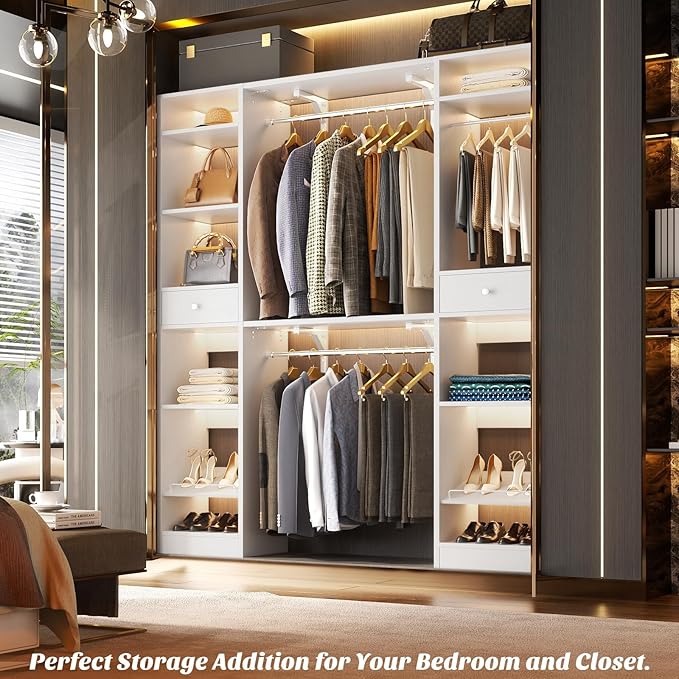 Unikito 58" W - 90" W Closet System, Large Walk in Closet Organizer with 3 Hanging Rods and Shelves, Heavy Duty Wood Closets Wardrobe with 2 Drawer & Shoe Rack, Sturdy Reversible Clothing Racks, White