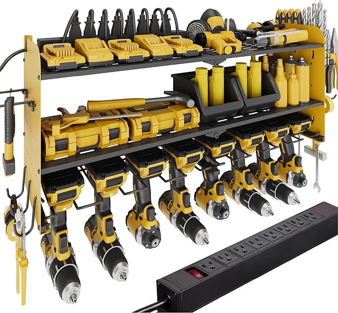 Suchtale Power Tool Organizer Wall Mount,Drill Organizer,33.2" Garage Storage,8 Drill Holders,3 Layers Heavy Duty Metal Shelf with 8 Outlets Power Strip, Gifts for Dad,Husband,Yellow