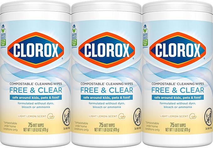 Clorox Free & Clear Cleaning Wipes, Light Lemon Scent, 75 Count, Pack of 3 (Pack May Vary)