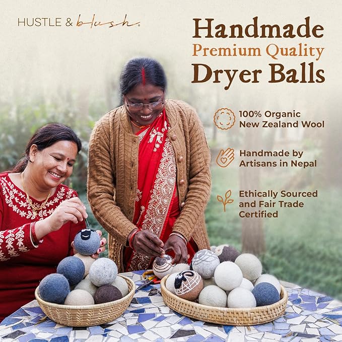 Hustle & Blush Fluff Ewes Wool Dryer Balls 6 Pack - XL Hedgehog and Homies Premium New Zealand Laundry Set, Reduces Drying Time, Static Control, Chemical Free, Ideal Holiday Gifts for Women & Men
