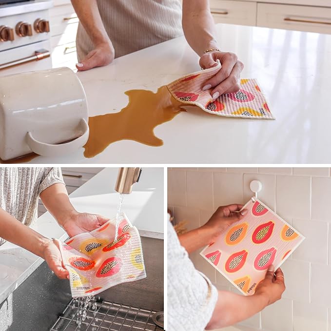 Papaya Reusable Paper Towels 2-Pack - 2 Sheets + 1 Hooks, Quick Drying, No Odor, 1 Sheet Replaces 17 Rolls, Washable Kitchen Cloth, Sustainable Dish Sponge, Eco Friendly Gift