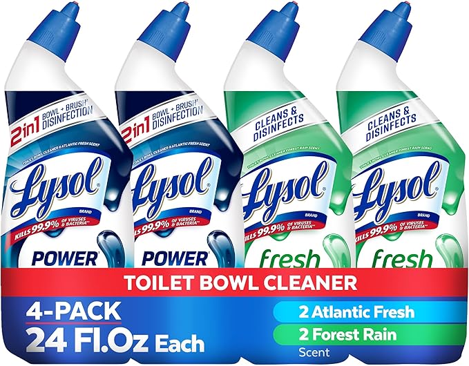 Lysol Toilet Bowl Cleaner, Max Strength Bathroom Cleaning Supplies, Toilet Bowl Cleaner Clinging Gel, Disinfecting and Deodorizing, Bleach Free, Atlantic Fresh + Forest Rain 24 oz (4 ct)