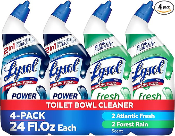 Lysol Toilet Bowl Cleaner, Max Strength Bathroom Cleaning Supplies, Toilet Bowl Cleaner Clinging Gel, Disinfecting and Deodorizing, Bleach Free, Atlantic Fresh + Forest Rain 24 oz (4 ct)