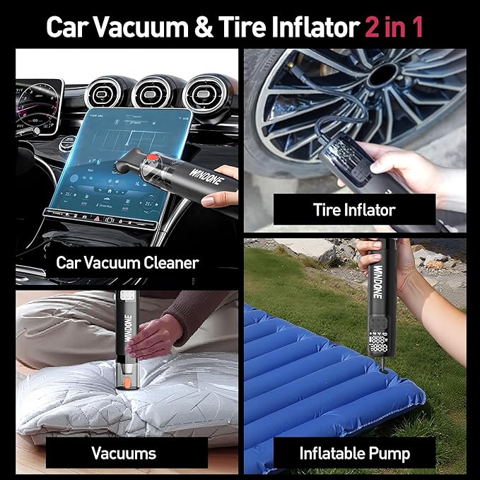 Car Vacuum, 12000Pa 2-in-1 Cleaner & Tire Inflator 150PSI, 60W Brushless Motor, Cordless Handheld Vacuum & Air Pump with Pressure Gauge, LED Light, Multi-Nozzles for Car, Home, Office