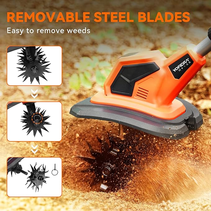 Cordless Tiller Cultivator, 21V 360RPM Electric Garden Tiller with 2x2.0Ah Battery & Charger, Battery Powered Garden Cultivator, 9" Width, 6.7" Depth, 48 Steel Tines Garden Rototiller for Gardening