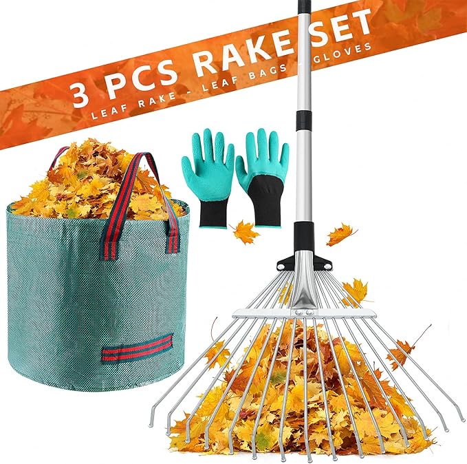 Adjustable Garden Leaf Rake for Leaves 68 inch Garden Tools Set, Leaf Bag and Gloves, Long Handle Stainless Steel Metal Heavy Duty Rake for Yard Lawn Shrub Garden Beds