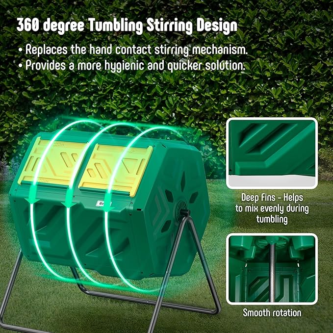 Compost Bin, Outdoor Composter, Fast Assembly 43 Gallon Dual Chamber Outdoor Compost Tumbler, Heavy Duty Tumbling Rotating Composter for Patio, Garden,Yard, Green, Easy Setup, Gloves Included
