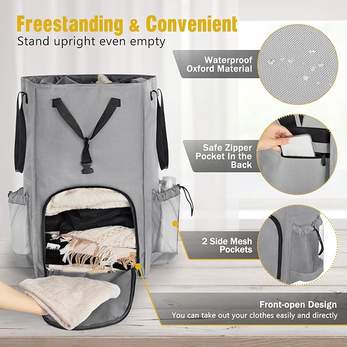 110L Backpack Laundry Bag, Laundry Backpack Heavy Duty with Shoulder Straps, Collapsible and Mesh Pocket Back to School Supplies Hamper Bag for College, Travel, Laundromat, Apartment Grey