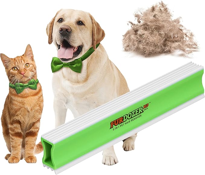 FurDozer Pet Hair Remover & Auto Detailing Tools - Cat & Dog Hair Remover for Carpets, Car Interiors, Couches, Bedding, & Pet Furniture (Green, X3 MEGA - 10" Long)