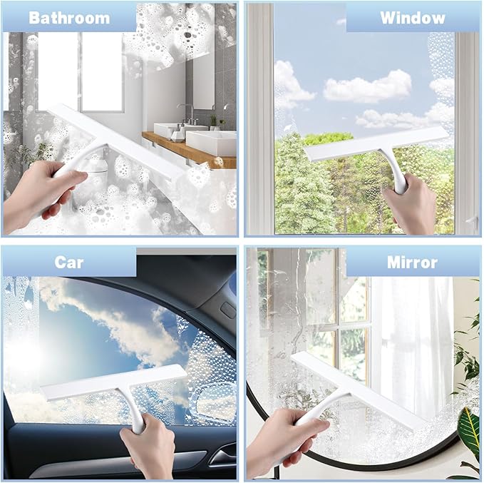 FY&XZH Never Rust Silicone Shower Squeegee for Glass Doors with Hook, Bathroom Cleaner Tool, Household Window and Mirror Squeegee, Ergonomic Thick Handle Squeegee for Shower Glass, 11-Inch (White)