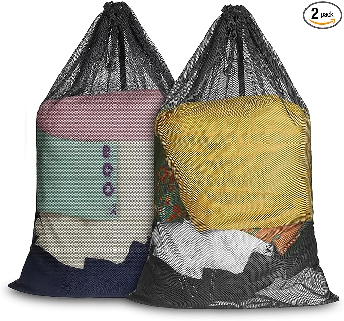 Large Mesh Laundry Bag for Travel: 2 Pack 23 x 34 Inches Heavy Duty Hamper Liner Bags - Washable Laundry Drawstring Bag for College, Dorm, Family and Apartment Dwellers, Black