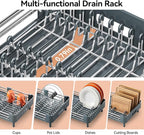 Urackify Stainless Steel Dish Drying Rack - Dish Drainer for Kitchen Counter, Extendable Drainboard with Foldable, Space-Saving Cup & Bowl Organizer, Includes Knife and Utensil Holder, Matte-Green