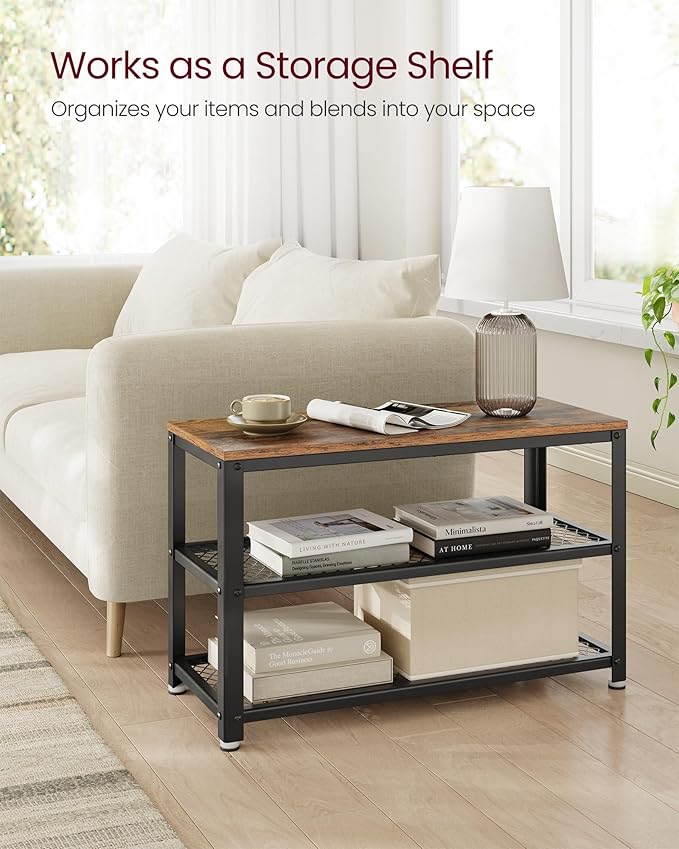 VASAGLE, 3-Tier Shoe Rack, Shelf Storage Bench with Metal Mesh Shelves and Seat, Free Standing Shoe Organizer for Entryway, 11.8 x 28.7 x 17.7 Inches, Rustic Brown and Black ULBS73X
