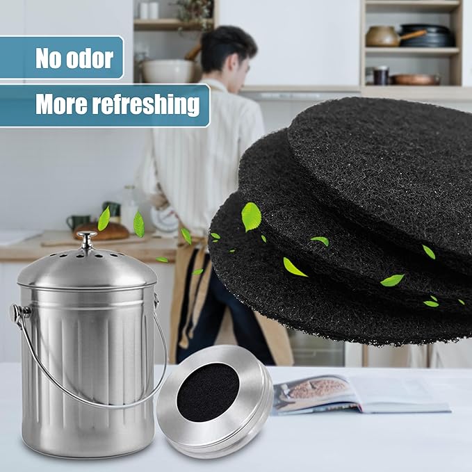 12-Pack 7.25 Inches Large Compost Bin Odor Absorbing Filters, Stick-on Activated Charcoal Deodorizer for Kitchen Trash Cans, Compost Buckets, Countertops and Recycle Bins
