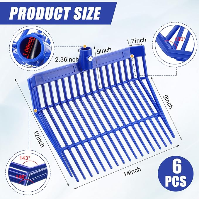 Lasnten 6 Pcs Manure Fork Head Bulk 18 Tines Pitch Fork Replacement Head with Screws and Nuts Durable Stable ABS Plastic Pitchfork for Horse Stall Picking up Manure(Blue)