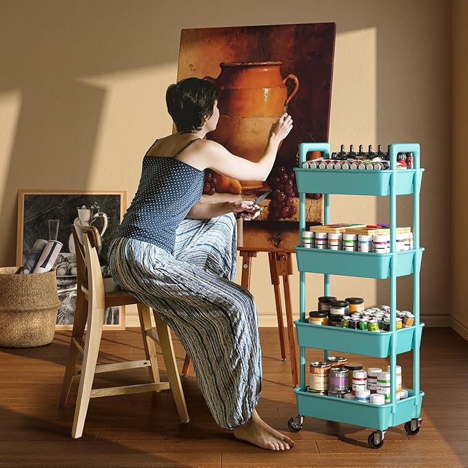 Pipishell 4-Tier Rolling Cart, Plastic Cart with Lockable Wheels & Reinforced Handle, Lightweight Utility Storage for Nursery, Bathroom, Craft Room, PIUC15TB