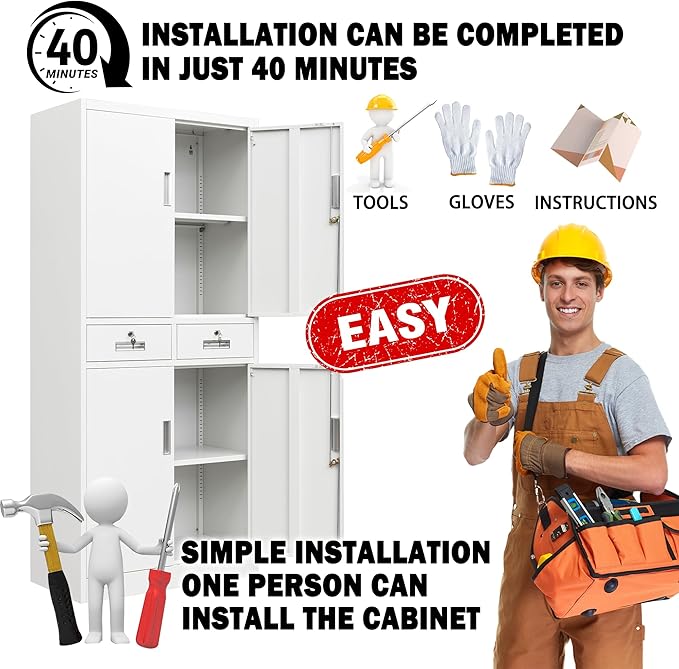 Metal Storage Cabinet with 2 Drawers 71" H,White Metal Garage Cabinets with 2 Lockable Doors and Adjustable Shelves Easy to Assemble for Home Office, Kitchen,Pantry,Garage,Warehouse
