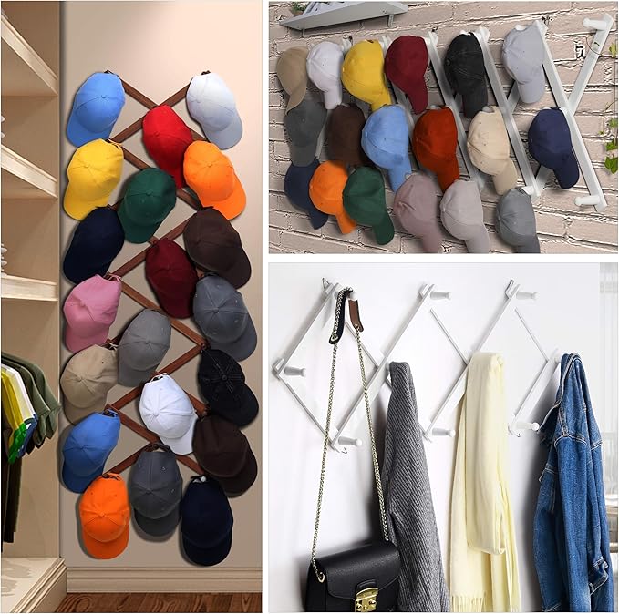 Dseap Accordian Wall Hanger: 16” High Wooden Wall Expandable Coat Rack, Hat Rack Holder, Accordion Hook for Baseball Caps, Coats, Mugs, 16 Peg Hooks, White & Black