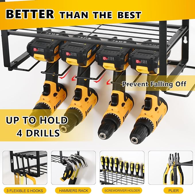 Power Tool Organizer Wall Mount,battery storage rack,Heavy Duty Iron Material, Garage & Workshop Tool Organizer Storage,150Lbs Load 3 Layers Storage Rack with 4 Drill Holders for Drills Cordless Tools
