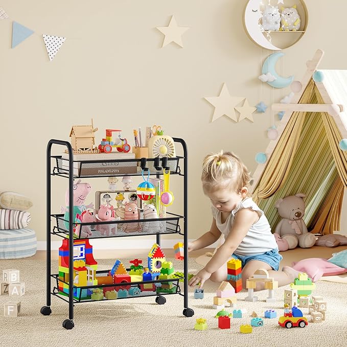 TOOLF 3-Tier Metal Rolling Cart, Mesh Wire Easy Assemble Utility Cart, Storage Trolley on Wheels with 3 Hooks, MetalStorage Shelving Units for Kitchen Bathroom Laundry Room