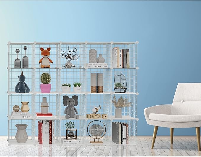 HUBSON Wire Cube Storage Organizer, Book/Toy/Craft/Potted Plants and petCloset Organizers and Storage Shelves, 20-Cube Freely Combinable Metal Grids Storage Shelf,White Plus Iron