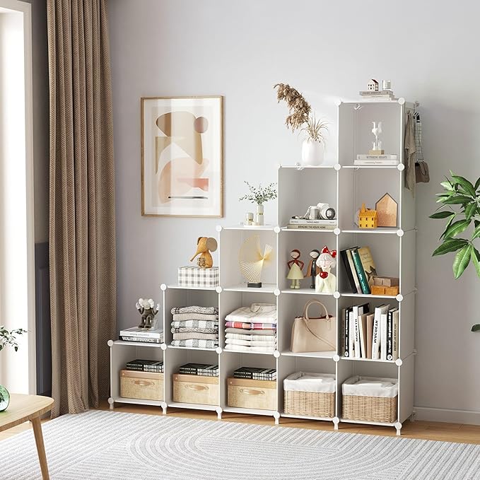 AWTATOS Cube Storage Organizer, 16 Cube Closet Organizer, Stackable Storage Cube Shelves, DIY Portable Closet Clothes Organizer Shelving for Bedroom, Closet, Wardrobe, Bathroom, White