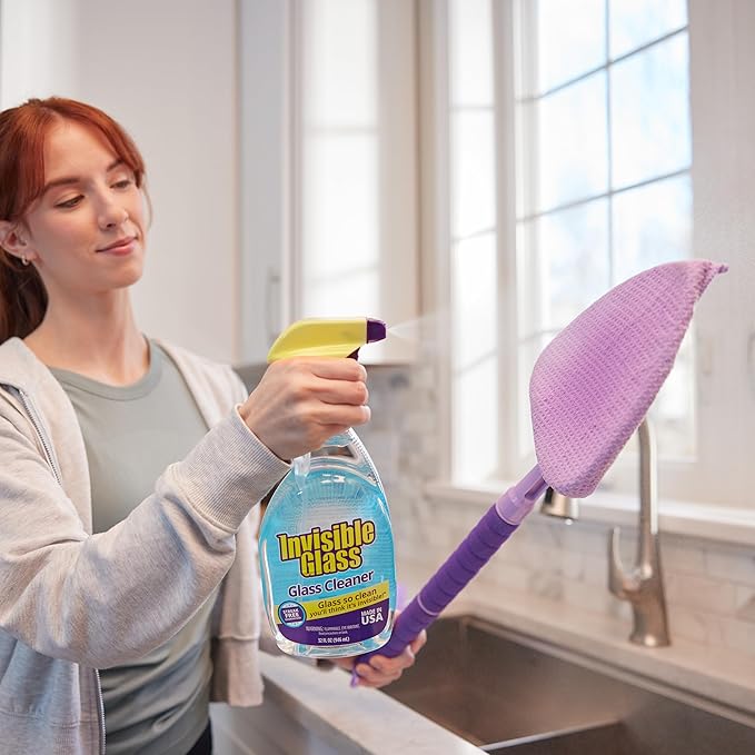 Invisible Glass 95165 Reach & Clean Home Glass Cleaning Tool with Extendable Handle, (3) Reusable Quick Change Microfiber Cloths, and Storage Bag, Streak-Free Window & Glass Cleaner Kit for Home & Car