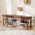 Shoe Bench with Leather Cushion,Burnt Wood Shoe Organizer Bench for Entryway, Rubberwood Entryway Bench for Hallways, Front Doors, Entrances, Mudrooms (Two Floors, 47.2)