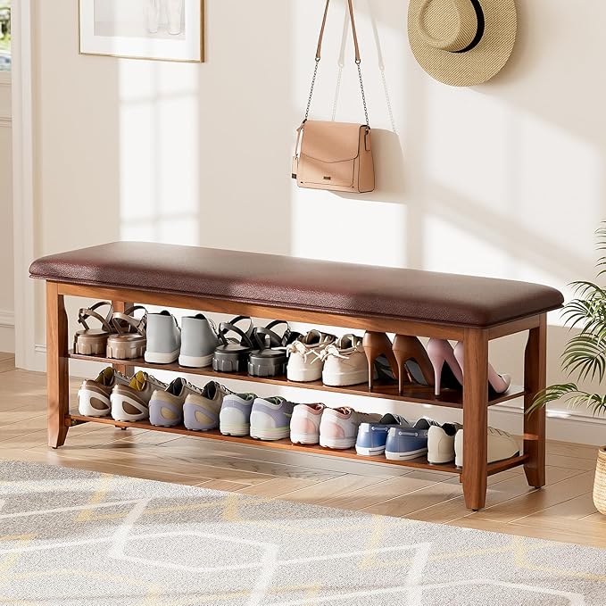 Shoe Bench with Leather Cushion,Burnt Wood Shoe Organizer Bench for Entryway, Rubberwood Entryway Bench for Hallways, Front Doors, Entrances, Mudrooms (Two Floors, 47.2)