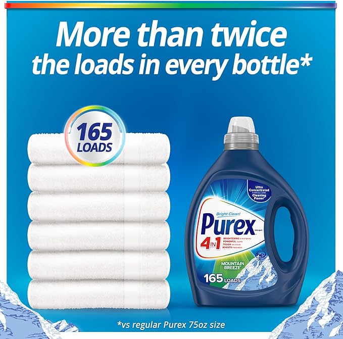 Purex 4-in-1 Laundry Detergent Liquid, Mountain Breeze, 82.5 oz, 165 Loads, Ultra Concentrated Laundry Detergent, Brightens & Whitens