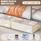 Under Bed Storage with Wheels, No Assemble Required 12 inches height Under Bed Storage bins,Large capacity Rolling Underbed Shoe Storage containers，dorm underbed storage drawers