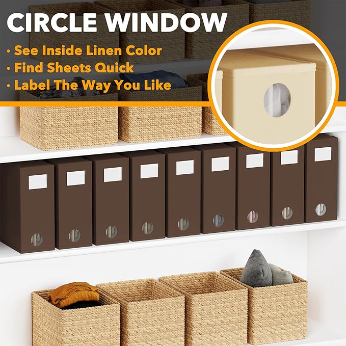 SpaceAid 9 Pack Bed Sheet Organizers and Storage, Foldable Sheet Organizer with Window for Linen Closet, Set Folder Keeper for Queen & King Size Bedding Storage (Brown)
