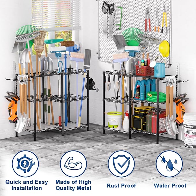T3 Garden Tool Organizer（With 6 Shelves and 3 PP Panel）Heavy Duty Garage Tool Storage for Yard，Shed and Lawn，Freestanding Tool Organizers and Storage UP to 80 Tools，Black with Anti-Tip Device