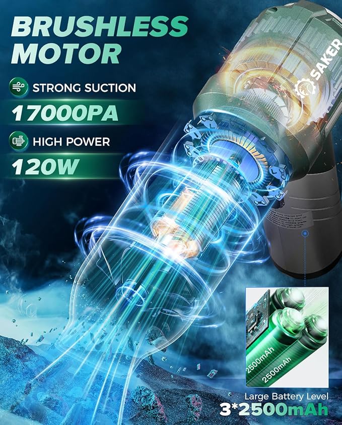 Saker Foldable Handheld Car Vacuum Cleaner Portable Cordless, 17000PA High Power Mini Vacuum Cleaner and Air Duster with Brushless Motor for Home,Cars,Office Cleaning HL133 Olive Green