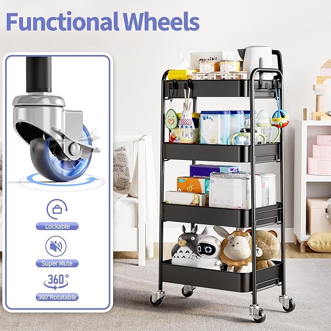 TOOLF 4-Tier Metal Rolling Cart with Wheels, Storage Utility Organizer Cart for Kitchen, Bathroom, Office, Baby Essentials & Makeup - Lockable Casters, Easy Assembly, Large Capacity, Black