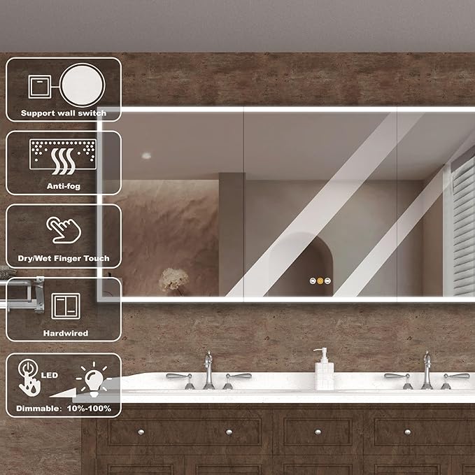 Gray Medicine Cabinets for Bathroom with Mirror, LED Medicine Cabinets Mirror with Defogger, Bathroom Medicine Cabinet with Dimmer, Outlets & USB, 60”W x 36”H, Surface Mounted