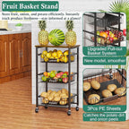 4-Tier Small Kitchen Storage Cart on Wheels, Metal Fruit Basket Stand with Pull-Out Baskets & Wood Top for Potato Onion Produce Snack Veggies