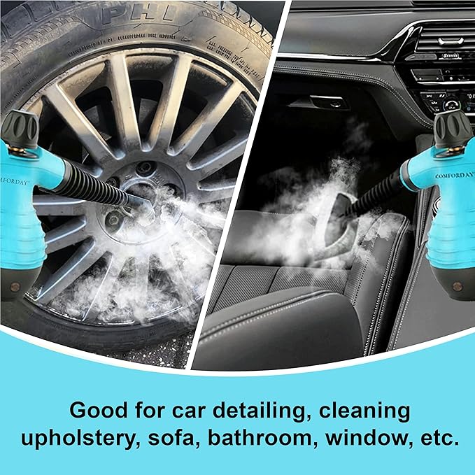 Comforday Multi-Purpose Handheld Pressurized Steam Cleaner with 9-Piece Accessories, Handheld Steamer Perfect for Stain Removal, Curtains, Car Seats, Floor, Bathroom, Window Cleaning (Light blue)