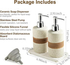 2-Pack Ceramic Soap Dispensers Set, Includes Stainless Steel Pump, Silicone Funnel and Diatomaceous Tray, Hand Soap, Dish Soap, Shampoo and Conditioner Dispenser for Bathroom & Washroom, White