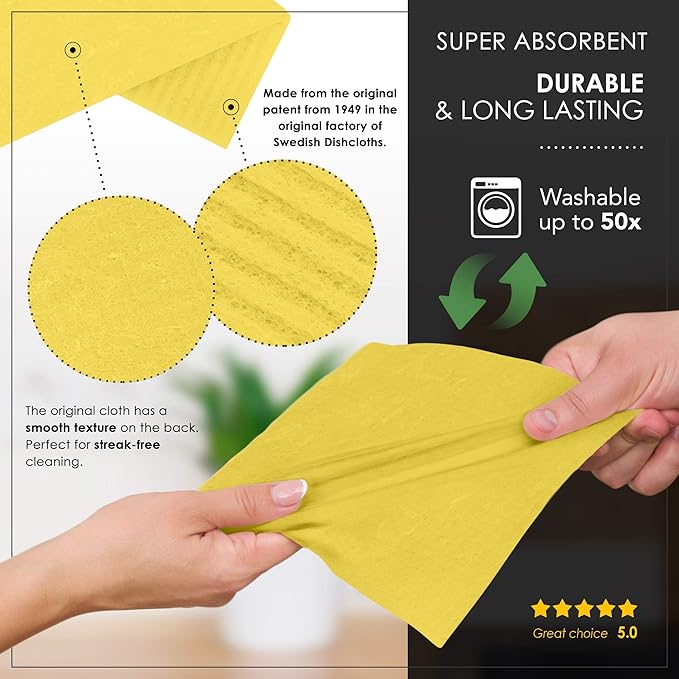 SUPERSCANDI 10 Pack Swedish Dishcloths for Kitchen - 100% Biodegradable & Compostable Reusable Paper Towels Washable, Food-Safe & Without Plastic - Dish Rags Suitable for Any Surface, Yellow