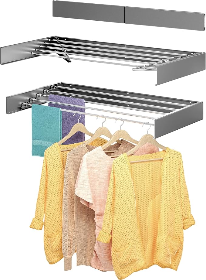 Wall Mounted Drying Rack, 40 "Wide, 16.5 Linear Ft, 5 Aluminum Rods, 60 lb Capacity, Space Saver Laundry Drying Rack Collapsible (Grey 40" Large)