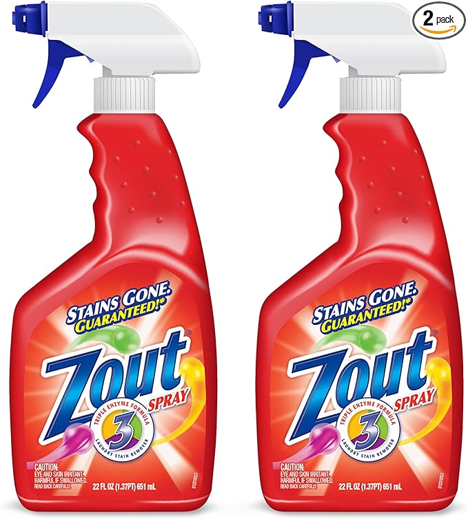 Zout Laundry Stain Remover Spray, Triple Enzyme Formula Removes the Toughest Stains, Made in the USA, 22 Ounce Bottles, 2-Pack