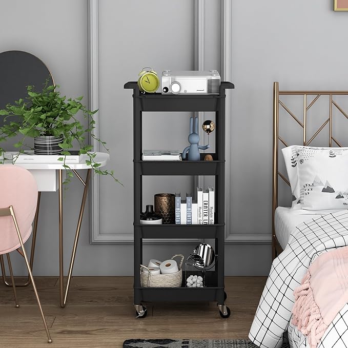 4 Tier Rolling Cart with Handle, Utility Cart with Table Top Easy Assembly Bathroom Storage Cart on Wheels for Office, Living Room, Kitchen, Craft Room, Black
