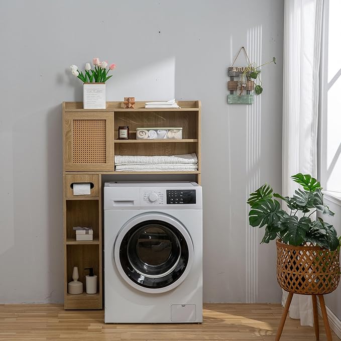 6Tier Over The Toilet Storage Cabinet, Freestanding Above Toilet Space Saver Rack w/Adjustable Shelves, Sliding Door, Multifunctional Over Toilet Organizer for Bathroom (Burlywood)