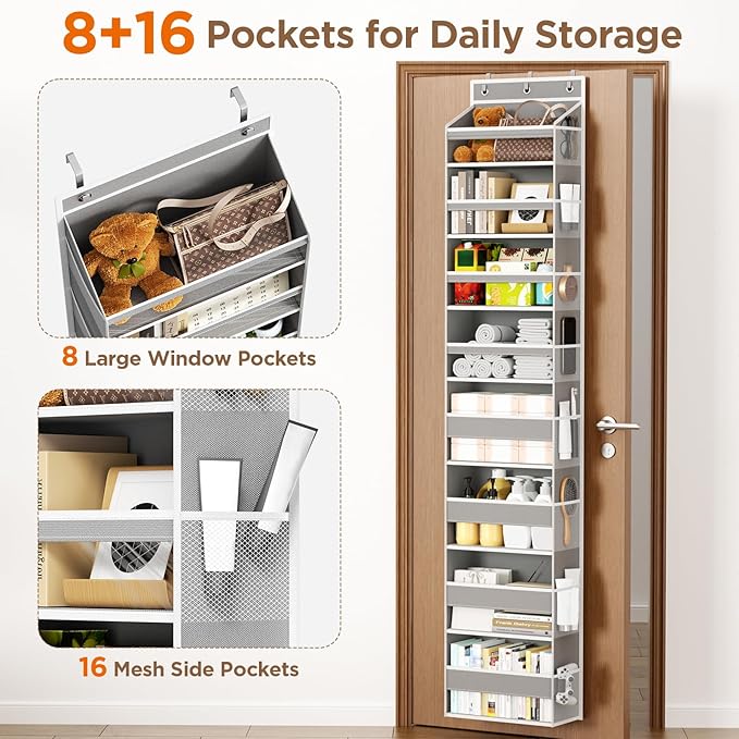 Over The Door Organizer, 8 Shelf Door Hanging Organizers with 8 Large Capacity Pockets, Back of Door Organizer Storage Hanging Shelves for Closet Bathroom Bedroom Nursery
